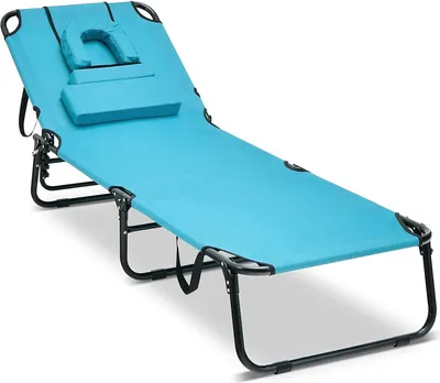 Produktbild von GOPLUS Sonnenliege klappbar, Gartenliege mit Gesichtsloch & abnehmbaren Kissen & 5-Fach verstellbarer Rückenlehne, tragbare Strandliege 150 kg belastbar (Türkis)