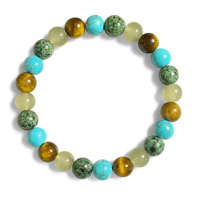 Produktbild von Naturstein Armband – Tigerauge, Afrikanischer Türkis, Serpentin & Howlith (gefärbt) – elastisches Perlenarmband – Uni Schmuck für Damen & Herren