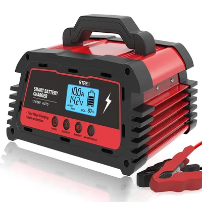 Produktbild von Strex Industrie Batterieladegerät - 12/24V 5/10/25A - Reparaturmodus - Tropf-Ladegerät - Batterieladegerät für Auto / Motorrad / Roller / Boot / Wohnmobil
