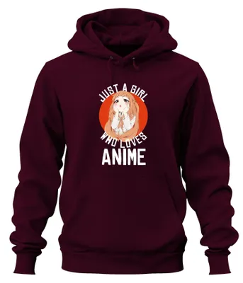 Productafbeelding van Een hoodie voor dames en heren, met het thema anime. Het ontwerp toont een anime-meisje en bevat de woorden "Otaku", "Manga" en "Kawaii". Kleur: bordeauxrood. Maat: S