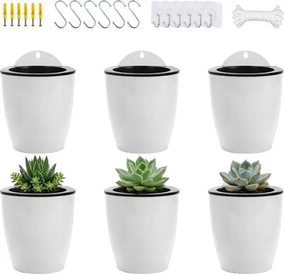 Produktbild von Set von 6 hängenden runden Kunststoff-Pflanzenübertöpfen - selbstbewässernd, weiß, klein