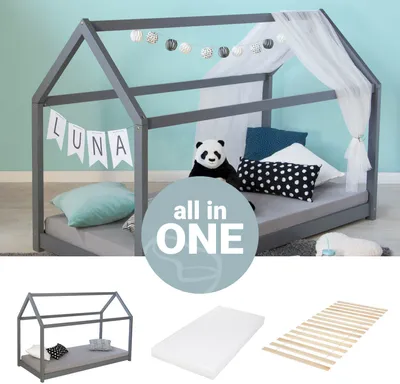 Obrázek produktu pro Homestyle4u dětská postel domeček postel 160x80 šedá s matrací dětská postel domeček dřevo borovice 80x160 cm