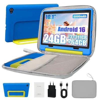 Produktbild von 10-Zoll-Kinder-Tablet mit Android 16, 24 GB RAM, 64 GB ROM, 6000mAh, Inkl. Silikonhš¹lle und Tragetasche, WiFi 6
