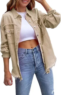 Produktbild von ASKSA Damen Jeansjacke Ripped Vintage Denim Jacken Laessige Boyfriend Jeansjacken Jean Mantel, Khaki, XL
