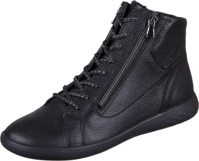 A black leather high-top sneaker with laces and a side zipper, shown against a white background.