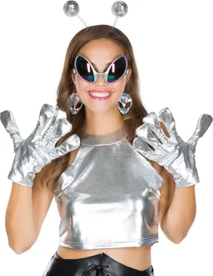 Alien Zubehör-Set Space Haarreif Brille Ohrringe & Handschuhe Silbern für Damen Kostüm-Zubehör Fasching Karneval Mottoparty Weltraum Galaxie Galaxy