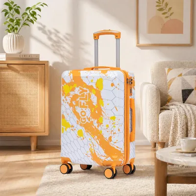 Immagine prodotto di Valigia classica con lucchetto numerico e motivo stampato, modello trolley, 20 pollici, articolo singolo, colore arancione