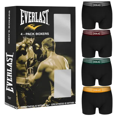 Obrázek produktu pro EVERLAST Pánské boxerky 4 balení bavlněného spodního prádla černé s barevným pasem s logem velikost XL