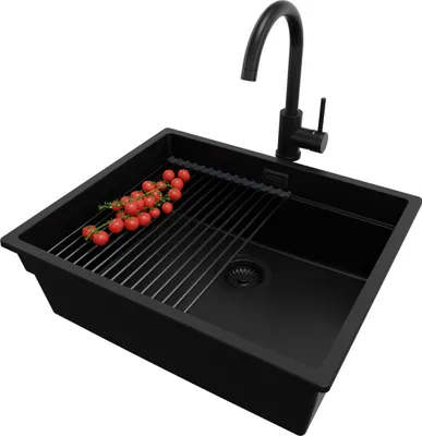 Produktbild von PRIMAGRAN Granitspüle Alles Schwarz 56x47cm, Spülbecken 1 Becken + Ablauf-Set + Küchenzubehörset, Küchenspüle ab 60er Unterschrank - Praga Slim