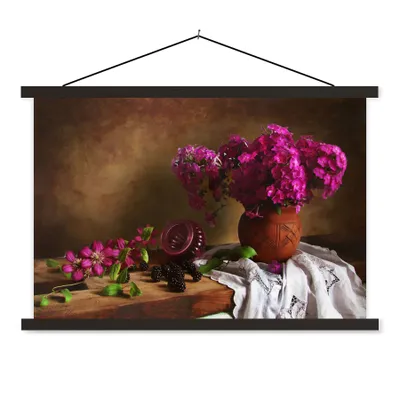 Produktbild von MuchoWow® Textilposter Rustikal - Blumen - Rosa - Vase - Stilleben 90x60 cm mit schwarzem Rahmen - Aufhängungssatz
