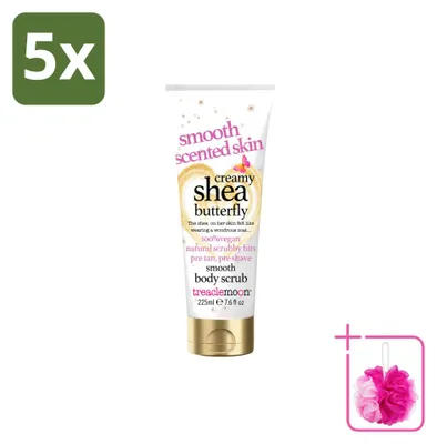 Imagen del producto de 5 unidades de crema exfoliante corporal Treaclemoon, línea "Shea Butterfly", 225 ml cada una. Pack ahorro