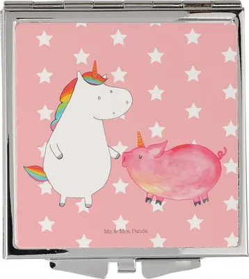 Produktbild von Mr. & Mrs. Panda Frauen Spiegel Einhorn Schwein - Rot Pastell - Geschenk, Freundin, Unicorn, Kosmetikspiegel, Mini, Schweinchen, Schminkspiegel, Taschenspiegel, Einhörner