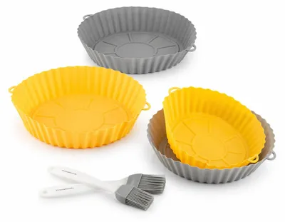 Produktbild von 4er-Pack Silikonkörbe mit Griffen für Heißluftfritteuse und 2 Küchenpinsel InnovaGoods