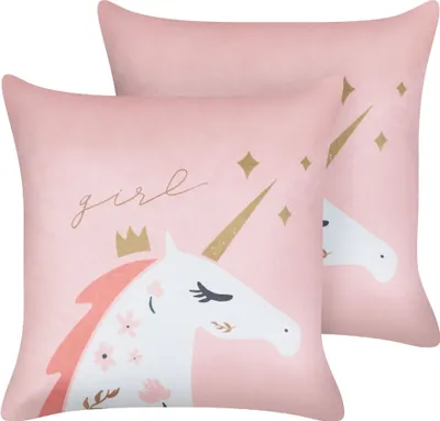 Produktbild von BELIANI Dekokissen 2er Set in Rosa aus Samtstoff 45 x 45 cm mit Einhorn Motiv Tiermotiv Kinderkissen Kissen für Kinderzimmer
