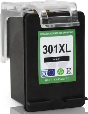 A black ink cartridge with a green label.