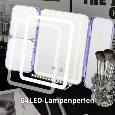 Produktbild von LED Schminkspiegel mit 1X/3X/7X Vergrößerung – Touchscreen, 3-teilig klappbar, drehbar, tragbar – Make-up Spiegel mit Licht, USB-Aufladung – Weiß