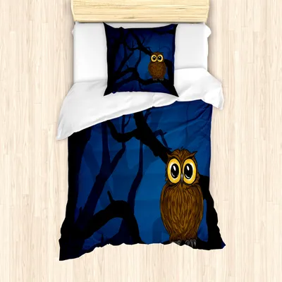 Produktbild von ABAKUHAUS Nacht Mantele, Eule auf Baum-Zweig, Milbensicher Allergiker geeignet mit Kissenbezügen, 135 cm x 200 cm - 80 x 80 cm, Marineblau, Schwarz, Braun