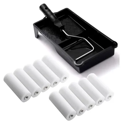 Produktbild von Lackierset mit 10 Schaumwalzen 11 cm, 1 Farbroller-Bügel und 1 Farbwanne für Türen, Möbel, Kreidefarbe und glatte Flächen