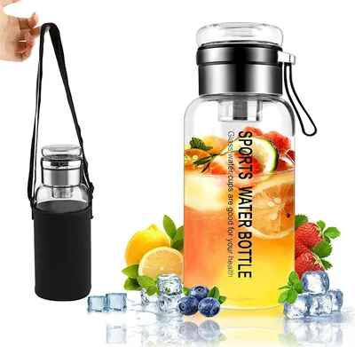 Produktbild von Trinkflasche Glas 750ml mit Neoprenhülle, Glasflasche mit Edelstahl-Sieb, Wasserflasche Glas Auslaufsichere Glastrinkflasche für kalten Heiß Getränken Smoothies