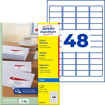 Produktbild von Avery Zweckform J4791-25 Adress-Etiketten, 45,7 x 21,2 mm, 25 Blatt/1.200 Etiketten, weiß
