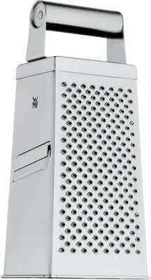 A stainless steel box grater with a handle on top, shown against a white background.
