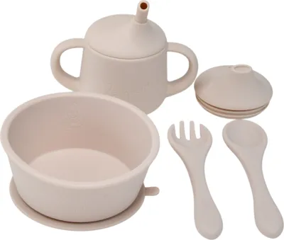 Produktbild von Zayno® Silikon-Geschirrset für Babys "Tischlein Deck Dich" in Muschelbeige | 6-teilig, BPA-frei, Spülmaschinenfest, hitzebeständig, Saugfuß