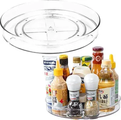Image de Organisateur de réfrigérateur Famanu, plateau tournant - Lot de 2 (23 cm + 27 cm), transparent, rotation à 360 degrés