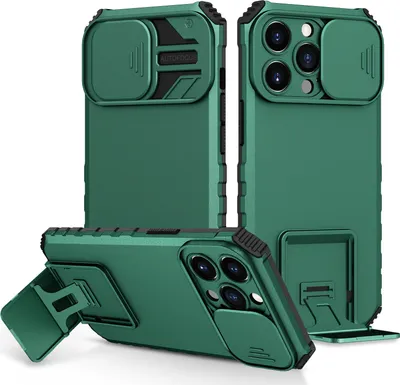 Produktbild von iPhone 13 Pro Max Hülle, Dual Layer Ständer Schutzhülle mit Schiebe Kamera Schutz für iPhone 13 Pro Max Grün