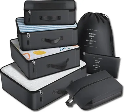 Image de Set de voyage de 7 organiseurs de valise imperméables, noirs, différentes tailles, matériau imperméable