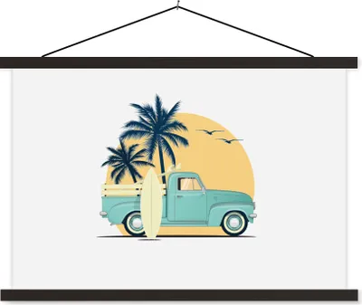Produktbild von MuchoWow® Textilposter Auto - Surfen - Palme - Zeichnung 90x60 cm mit schwarzem Rahmen - Aufhängungssatz