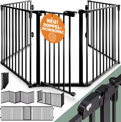 Produktbild von CASARIA® Kaminschutzgitter Baby mit Sicherheitstür Metall ohne Bohren 306x77cm Hundegitter Kinderschutz Treppenschutzgitter Absperrgitter Schwarz