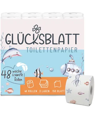 Produktbild von Toilettenpapier mit bedruckten Motiven, 3-lagig, 48 Rollen x 150 Blatt, 100% Zellstoff, superweiches Klopapier, WC Papier, Verpackung aus mind. 30% PC