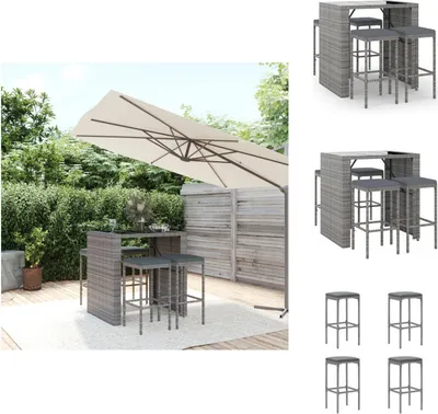 Produktbild von vidaXL 5-tlg. Gartenbar-Set mit Kissen Grau Poly Rattan - Gartenmöbel-Sets