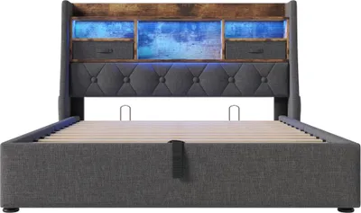 Produktbild von okwish Polsterbett 160x200 Jugendbett ohne Matratze,Bettgestell mit Integrierter LED-Streifen und Ladeanschlüsse(USB/Type-C),Stauraumbett mit Bettkasten,Grau
