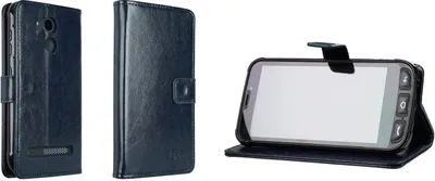 A dark blue leather flip case for a smartphone is shown from multiple angles.