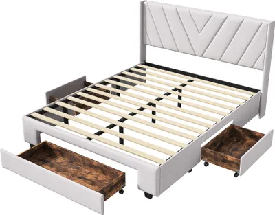 Image de Lit 140 X 200 Cm Avec LED Et Tiroirs, Lit Double Avec Espace De Rangement Et Sommier à Lattes,beige