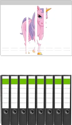 Produktbild von Wallario 8 Stück schmale Ordner inkl. Klebeetiketten mit Motive Einhorn in rosa mit Schweif in lila II -  Set mit Rückenschildern / Ordnerrücken Stickern