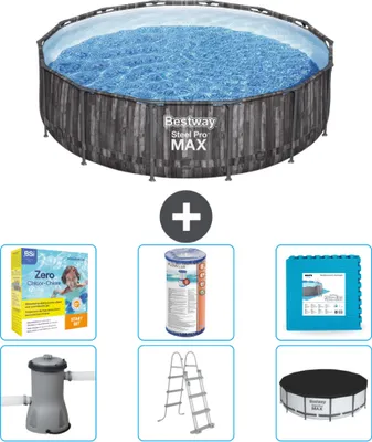 Produktbild von Bestway Round Steel Pro MAX Schwimmbad – Holzdruck – 427 x 107 cm – inklusive Pumpe – Leiter – Abdeckung Wartungspaket - Filter - Bodenfliesen