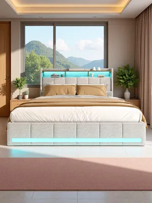 Immagine prodotto di Letto imbottito ProximaX 140x200 cm in tessuto di lino beige con illuminazione a LED, connessione USB e Type-C, 4 cassetti e spazio per la testata - letto contenitore moderno per camere matrimoniali