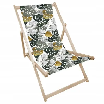 Produktbild von Liegestuhl klappbar aus Holz mit Monstera-Motiv in Weiß, Grün und Gold – Klappstuhl Klappliege Sonnenstuhl Strandstuhl Gartenliege