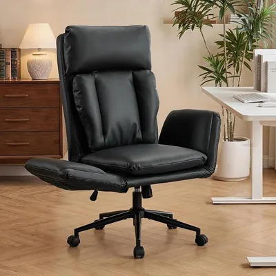 Imagen del producto de Silla de oficina ergonómica, silla de escritorio para ejecutivos con reposabrazos abatibles y asiento ajustable en altura. Silla de escritorio con ruedas, tapizada en cuero sintético (PU). Silla giratoria con soporte lumbar ajustable, color