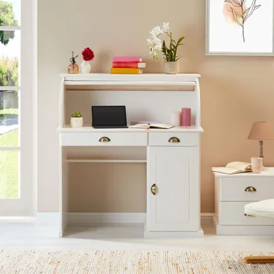 Produktbild von Sekretär TOM mit Rolladen, Weiß - Schreibtisch mit Stauraum, 2 Schubladen mit schönen Muschelgriffen, Landhausstil für Wohnzimmer und Büro