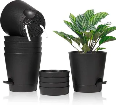 Zdjęcie produktu dla Plastikowa doniczka na kwiaty, czarna – zestaw 6 sztuk – z systemem nawadniającym – 6,5 cm