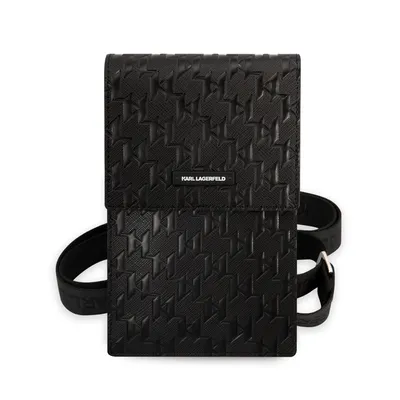 A black Karl Lagerfeld monogrammed crossbody bag with a strap, shown against a white background.