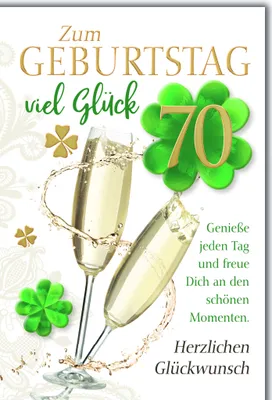 Produktbild von 70. Geburtstag Glückwunschkarte mit Briefumschlag Sekt und Kleeblatt