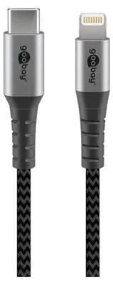 Produktbild von Goobay Lightning USB-C Textilkabel mit Metallsteckern, 2 m, schwarz, grau