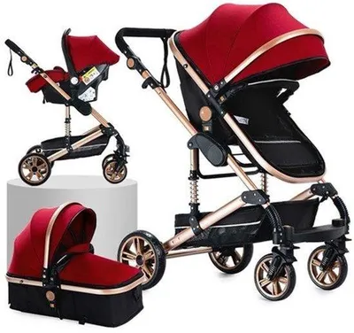 Produktbild von Dreirad-Kinderwagen - Hervorragende Qualität - Für Neugeborene - Für ältere Babys - Roter Dreirad-Stroller mit Kunstlederreifen