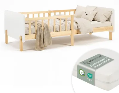 Produktbild von Homestyle4u Kinderbett 90x200 mit Rausfallschutz Weiß Holzbett Matratze mit ® Standard 100 mit ® Standard 100 Lattenrost Kiefer Massivholz