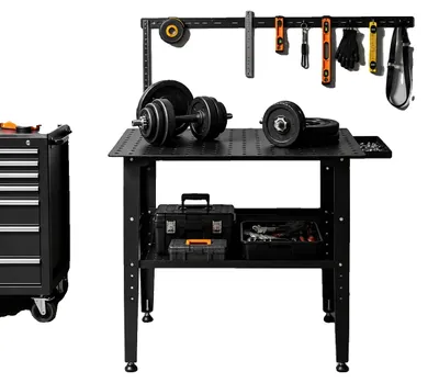 Imagen del producto de Mesa de soldadura, acero al carbono, 102,09 cm x 60 cm x 84,55 cm, capacidad de carga de 600 kg, altura ajustable de 28 a 148 cm, grosor de la placa de 3 mm