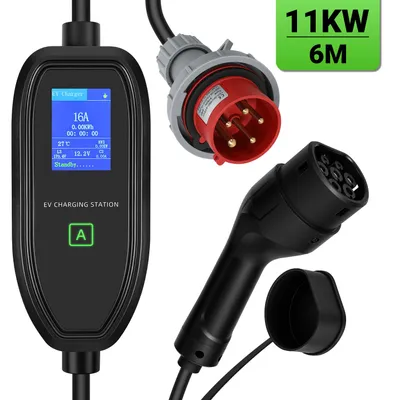 Obrázek produktu pro Mobilní nabíječka ISOISL, 11 kW, 400 V, typ 2, nabíjecí kabel 7 m, CEE 16 A, třífázová, přenosná nabíječka pro elektromobily s časovačem, adaptér Schuko, pro elektromobily